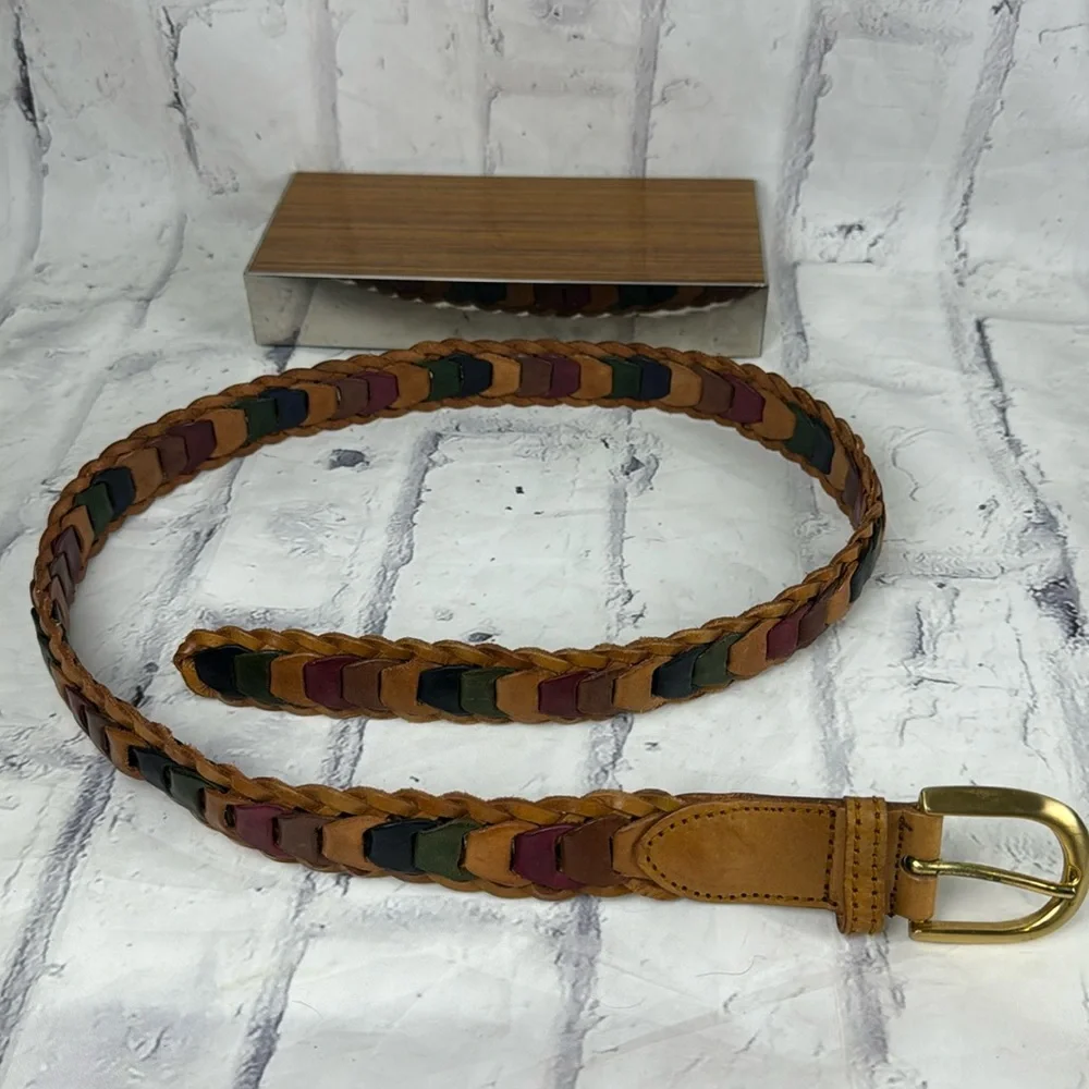 Vintage Genuine Leather Belt Multi-Color Woven Leather and Brass Buckle